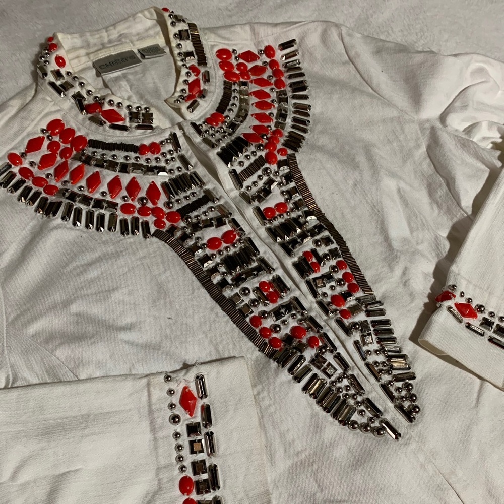Chico’s Red And Silver Beaded Statement Jacket 2 - image 5